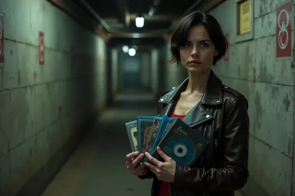 Collection de films Resident Evil en Blu-ray présentée dans un couloir industriel avec symboles biohazard, évoquant l'univers de la saga cinématographique