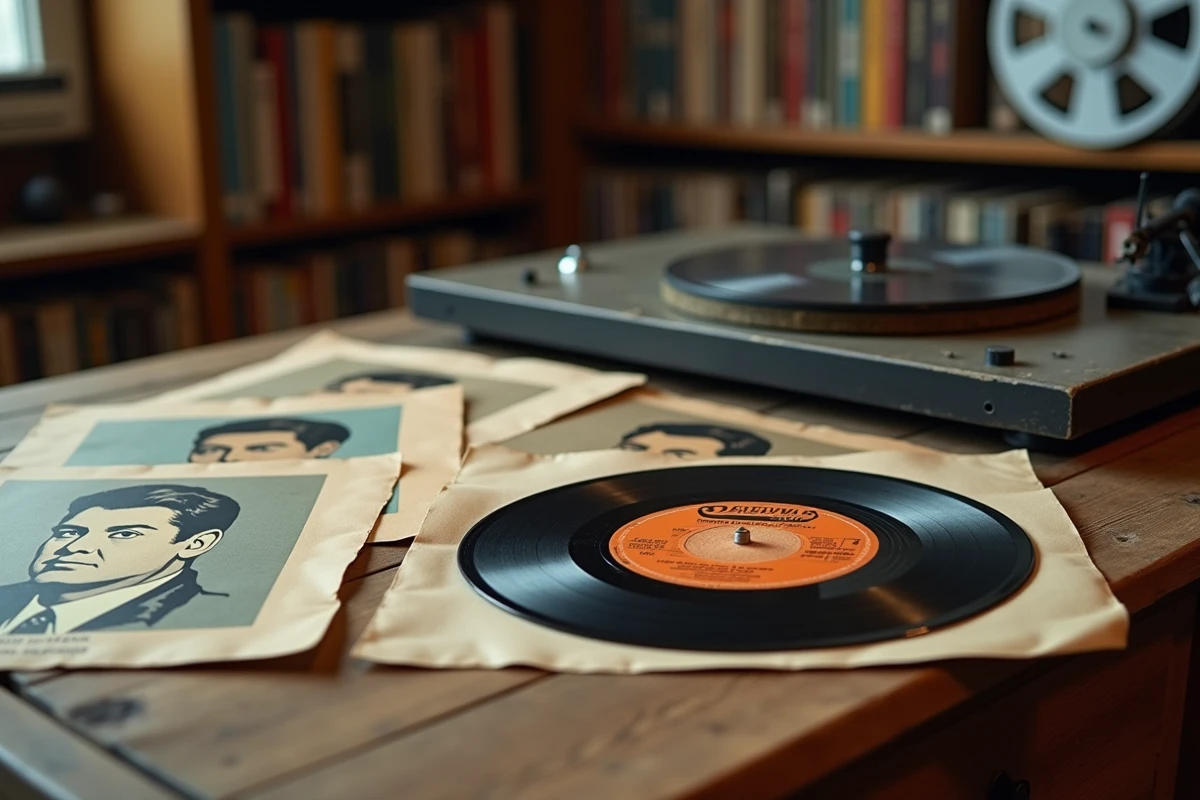 Collection de vinyles 45 tours de chanteurs français des années 60 sur une table en bois dans un appartement parisien