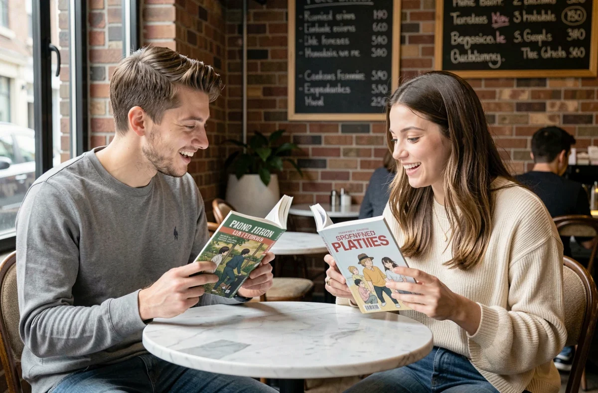 Deux amis comparant les éditions anglaise et française d'un manga de fantasy dans un café urbain