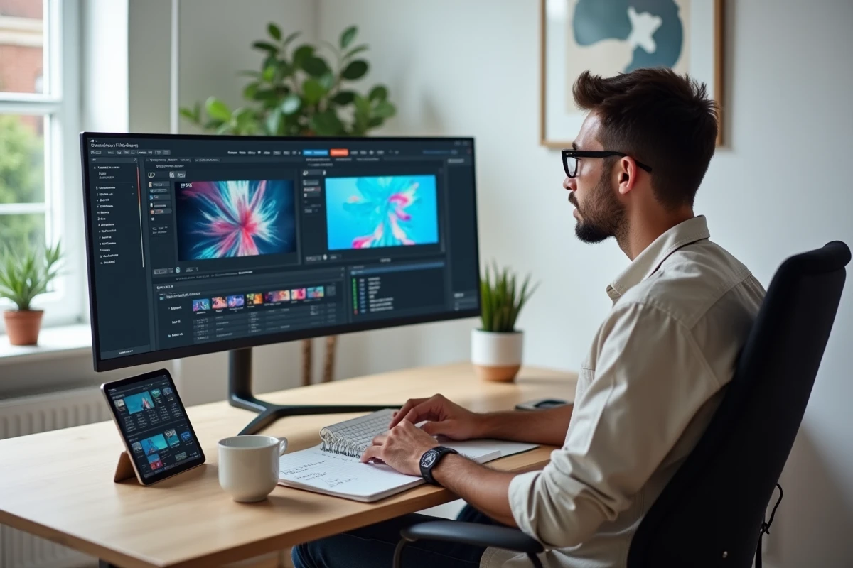 Homme comparant des logiciels de visual jockey sur un écran ultrawide dans un bureau moderne minimaliste