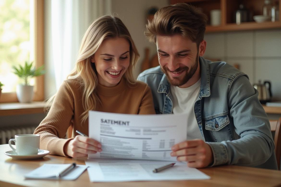 Jeune couple lisant un relevé de prêt immobilier au matin