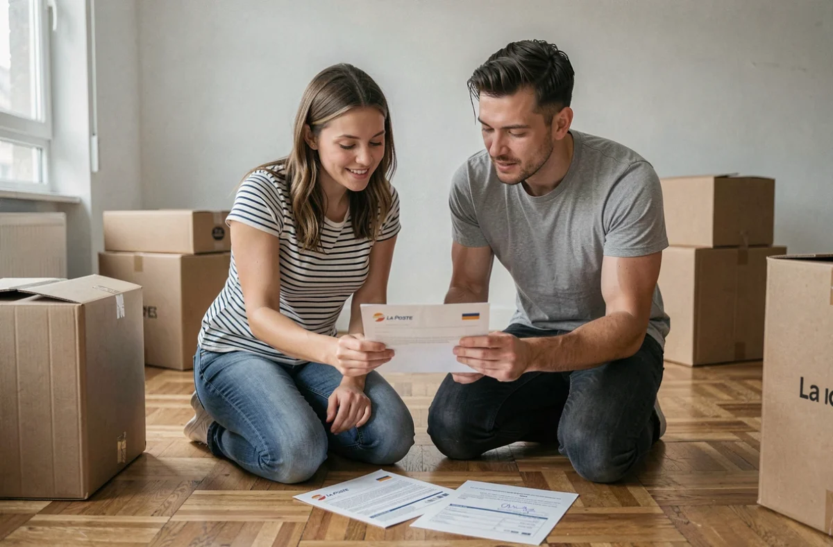 Couple vérifiant la confirmation de changement d'adresse La Poste entouré de cartons dans un appartement vide après signature du bail