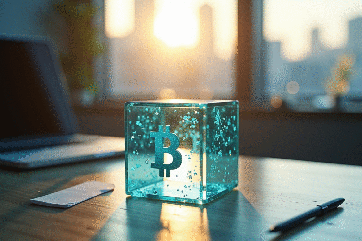 Cube avec symboles blockchain suspendus lumière naturelle
