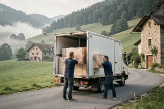 Équipe de déménageurs professionnels chargeant un camion sur une route pittoresque du Jura