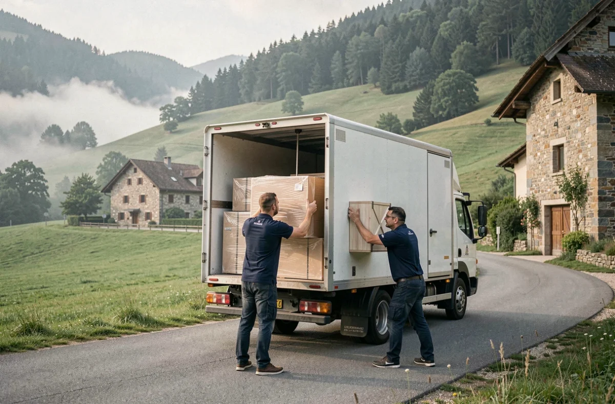 Équipe de déménageurs professionnels chargeant un camion sur une route pittoresque du Jura