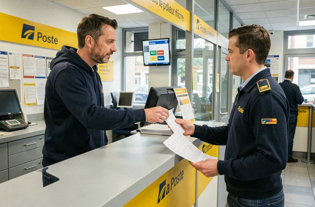 Homme déposant un formulaire de changement d'adresse définitif La Poste au guichet avec son nouveau bail