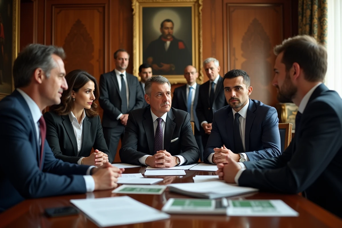 Groupe de diplomates et médecins en réunion dans un bureau