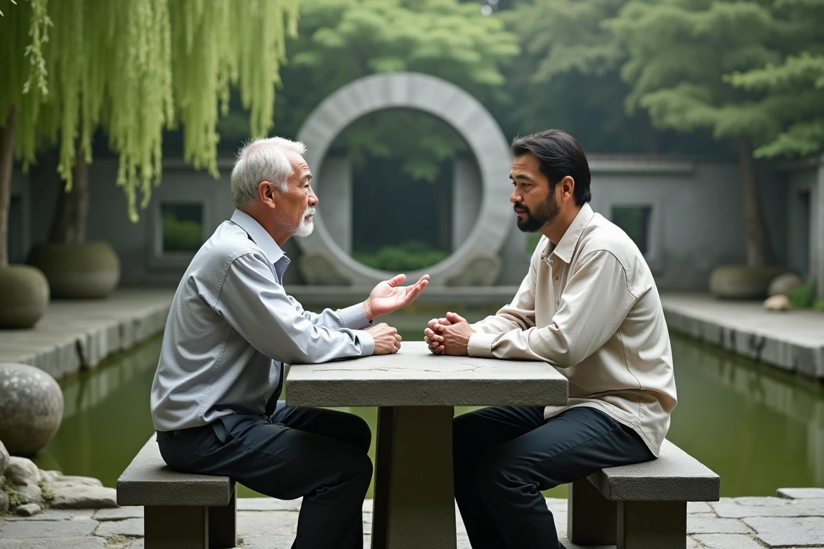 Deux hommes discutant de sagesse et de proverbes chinois dans un jardin traditionnel de Suzhou