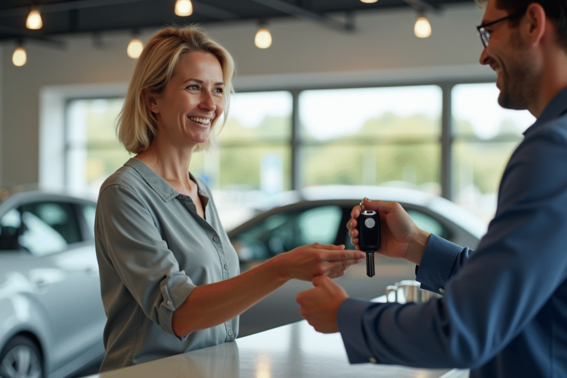 Client souriant recevant les clés d'une voiture de location
