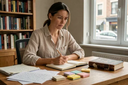 Écrivaine en pleine réflexion entourée de notes manuscrites et de fiches narratives pour construire un retournement de situation