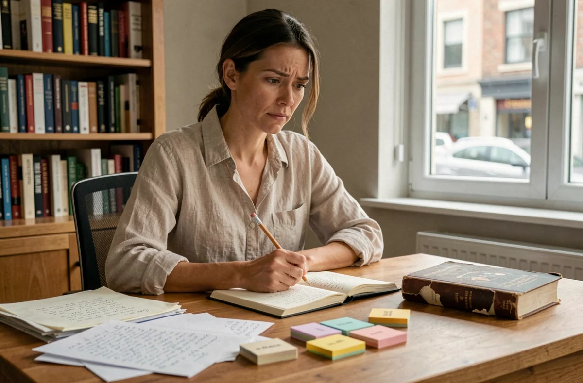 Écrivaine en pleine réflexion entourée de notes manuscrites et de fiches narratives pour construire un retournement de situation