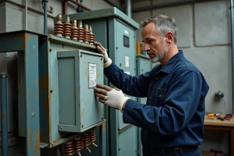 Électricien inspectant un transformateur triphasé monophasé reconditionné dans un atelier industriel