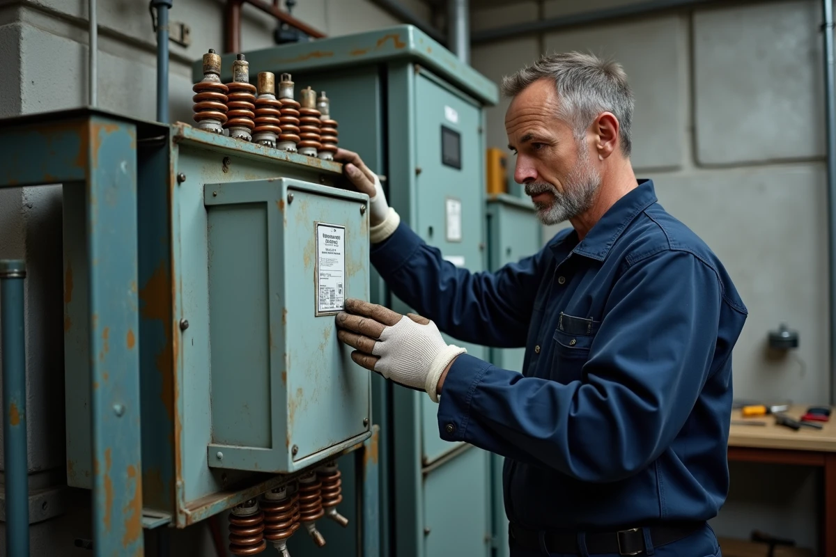 Électricien inspectant un transformateur triphasé monophasé reconditionné dans un atelier industriel