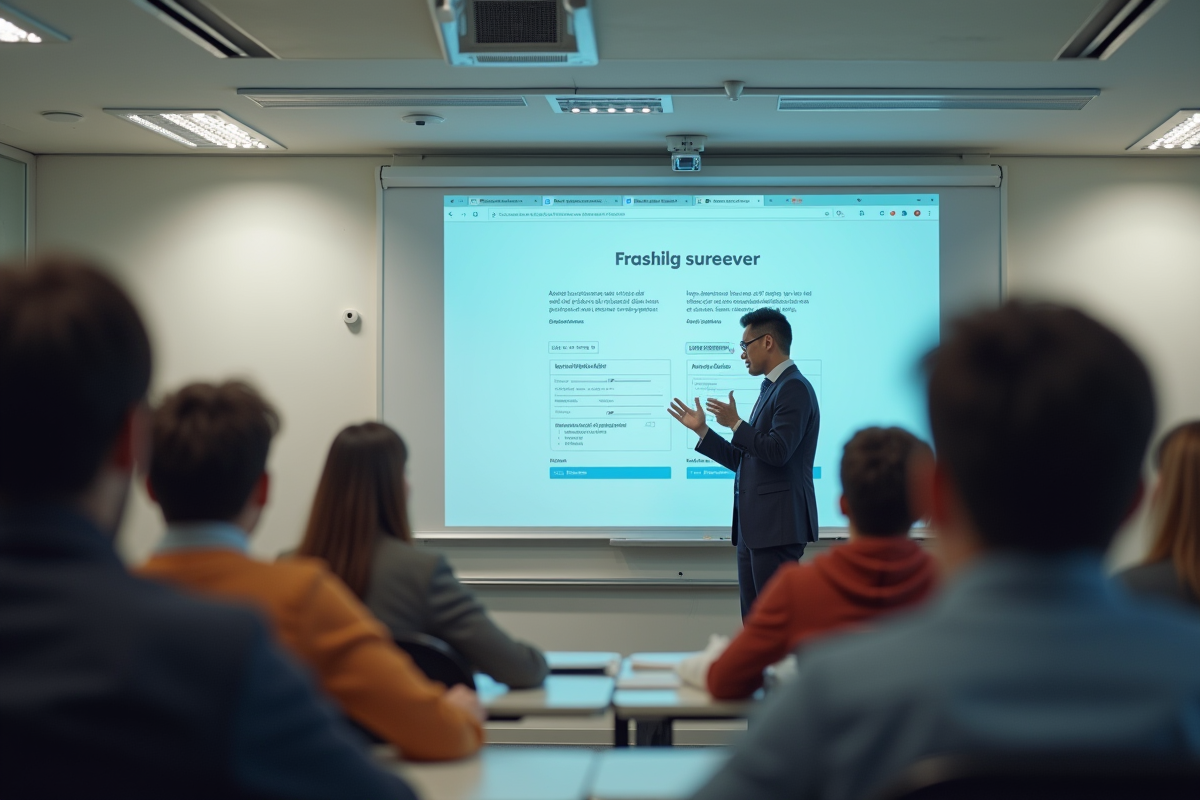 Professeur devant un tableau interactif avec des élèves attentifs
