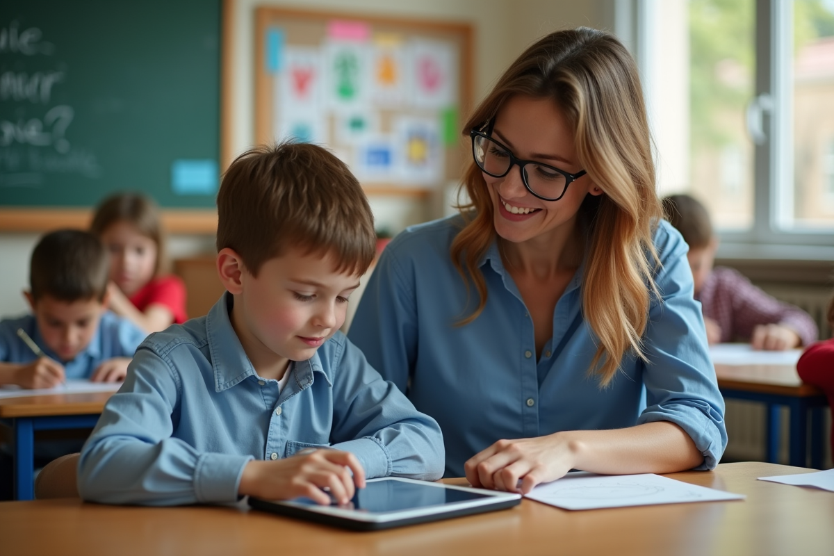 Enseignante aidant un élève avec une tablette en classe