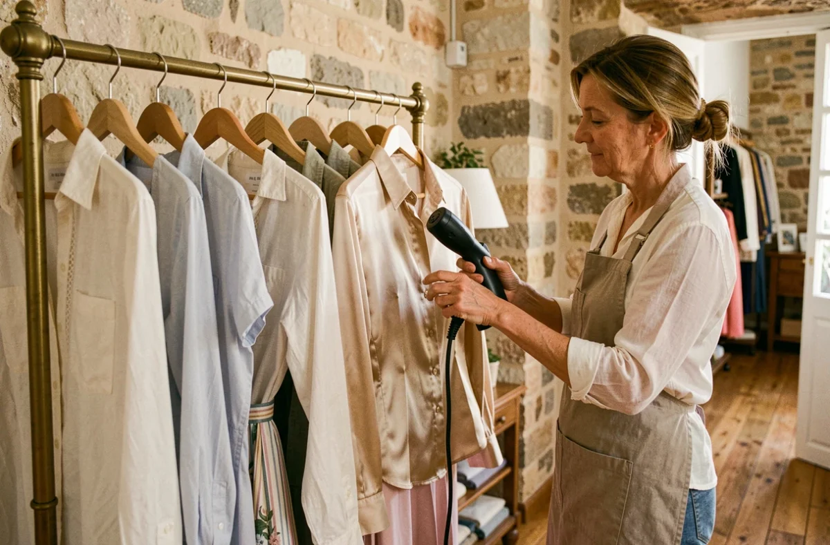 Employée de L'Épingle à Linge à Montpellier repassant une blouse en soie dans une boutique au charme artisanal