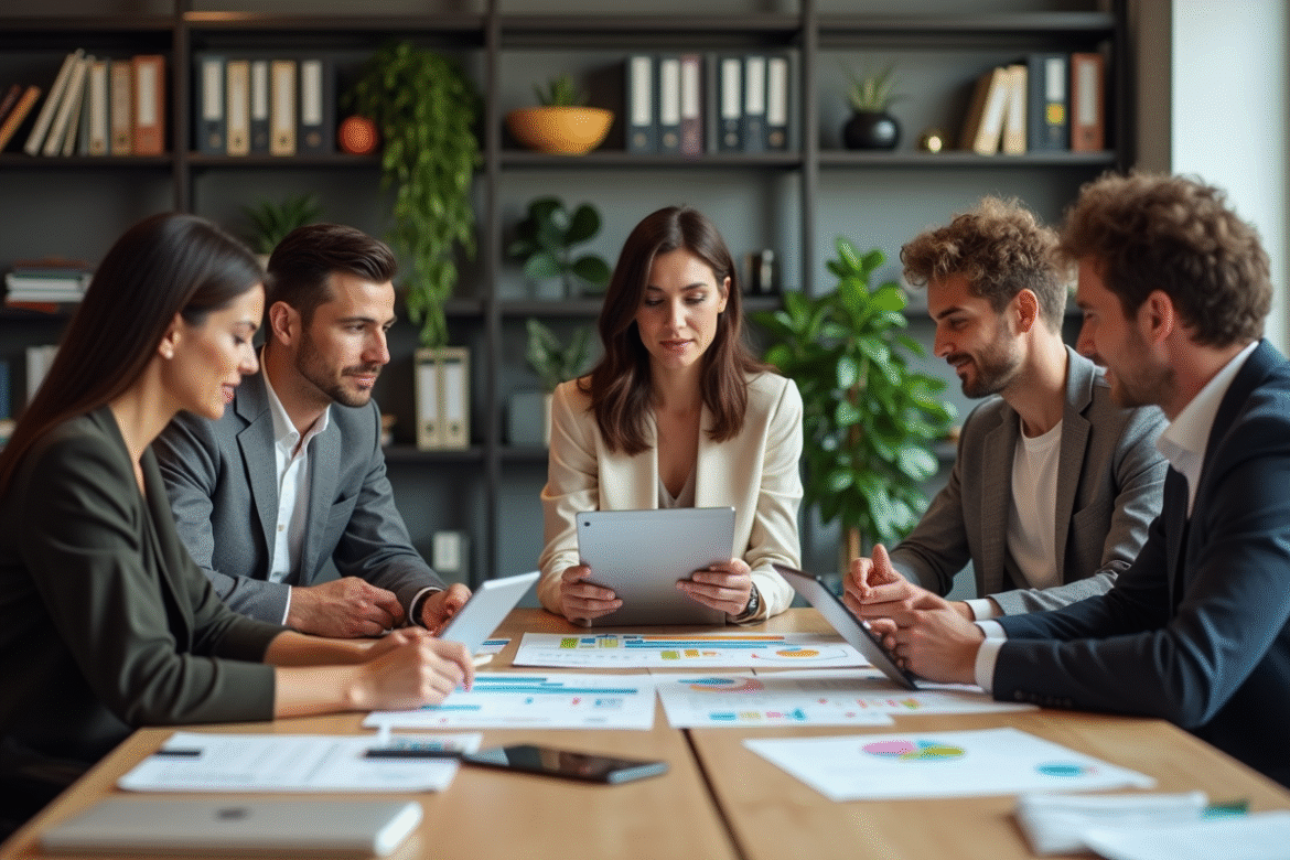 Groupe de professionnels discutant de graphiques dans un bureau