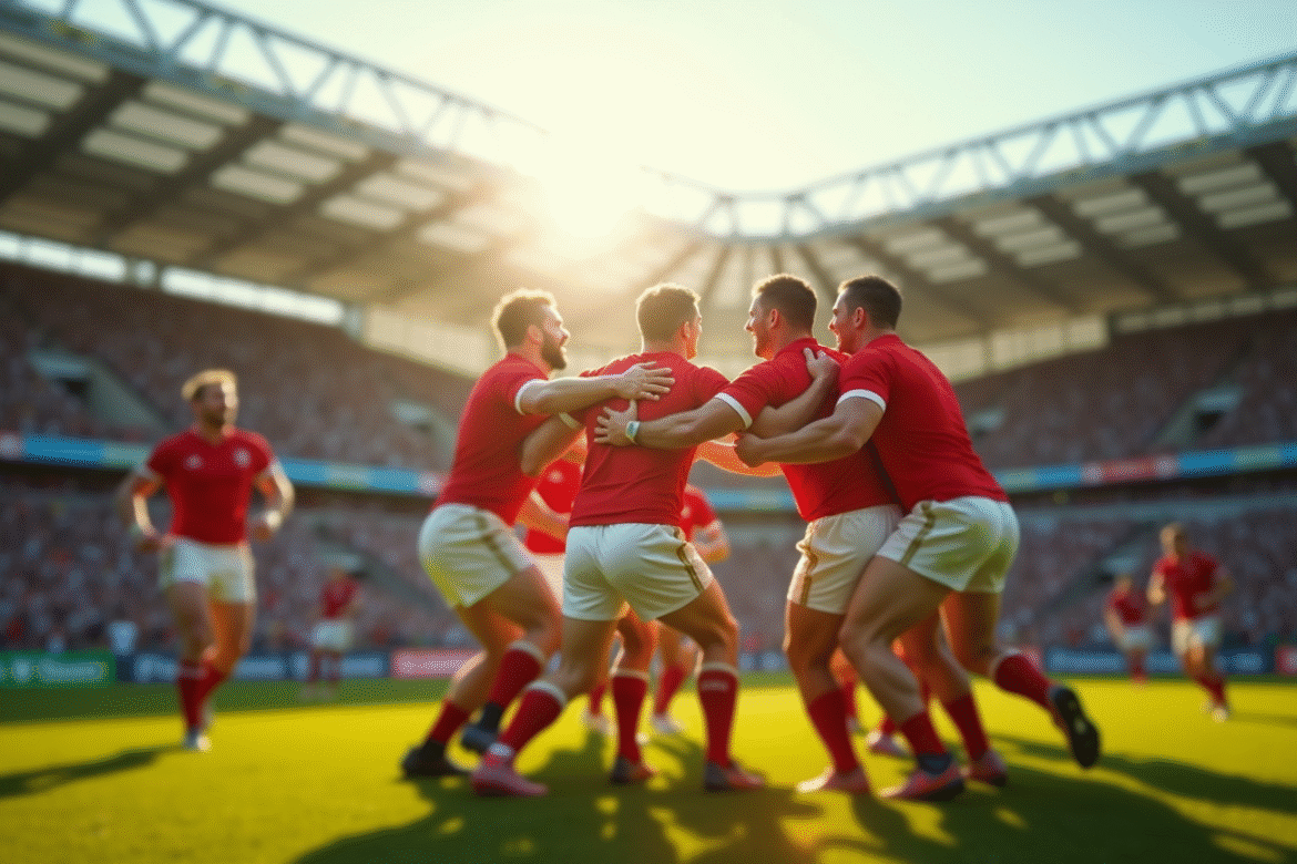 Groupe de joueurs de rugby célébrant sur le terrain ensoleille