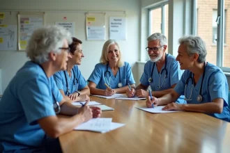 Equipe de soignants en réunion dans un EHPAD