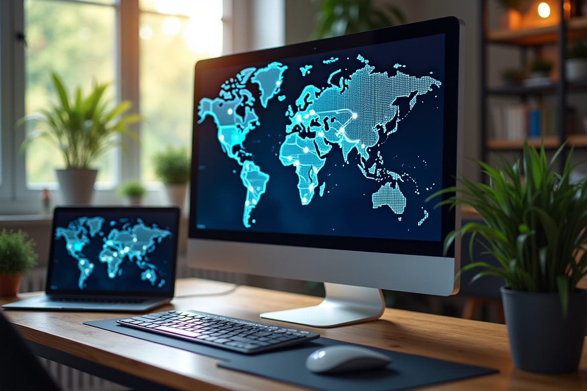 Espace de travail à domicile avec appareils et carte du monde réseau sécurisé