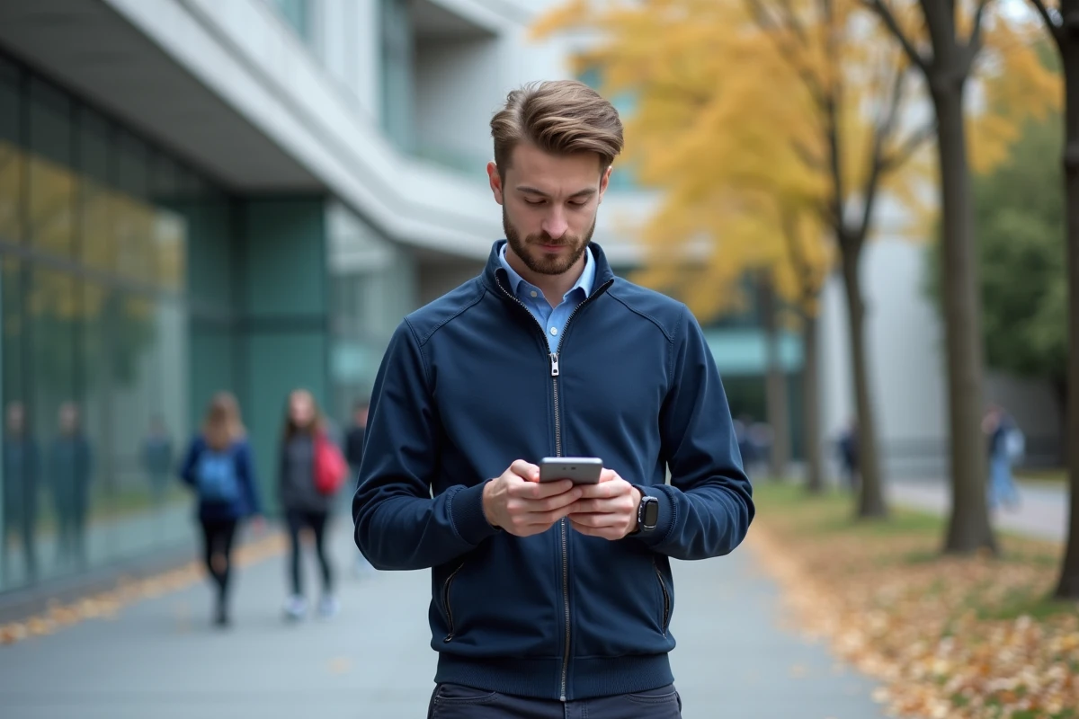 Étudiant rédigeant un avis sur son smartphone devant un bâtiment universitaire