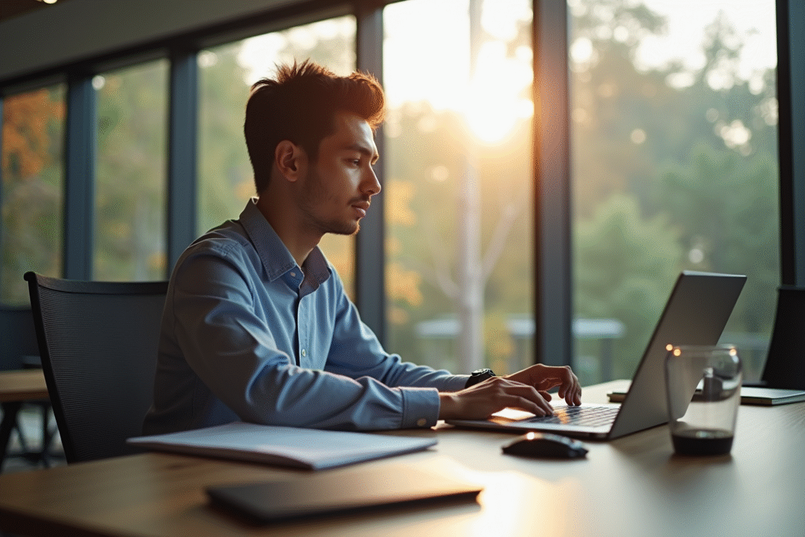 Étudiant à un bureau moderne utilisant un ordinateur pour consulter un portail universitaire