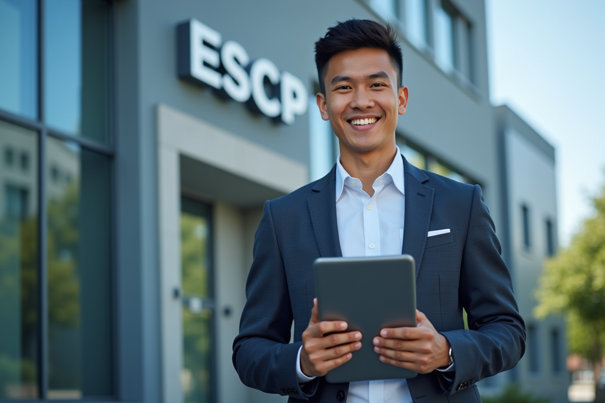 Jeune professionnel devant le bâtiment ESCP avec tablette