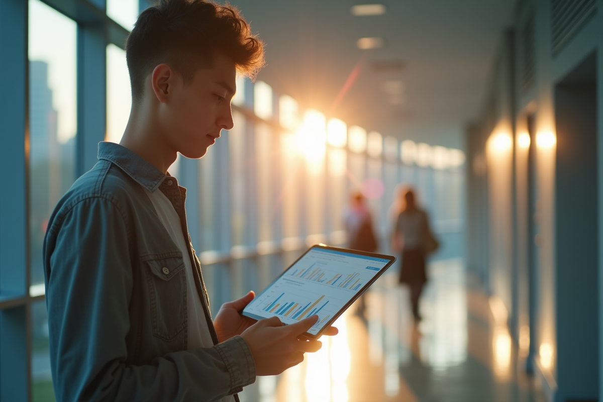 Etudiant concentré sur une tablette dans un couloir moderne