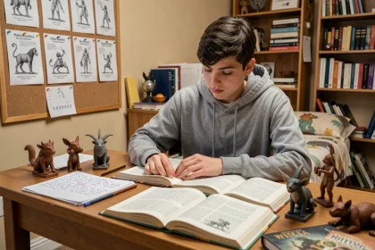 Adolescent étudiant la mythologie grecque avec des notes manuscrites et des figurines antiques sur un bureau en bois