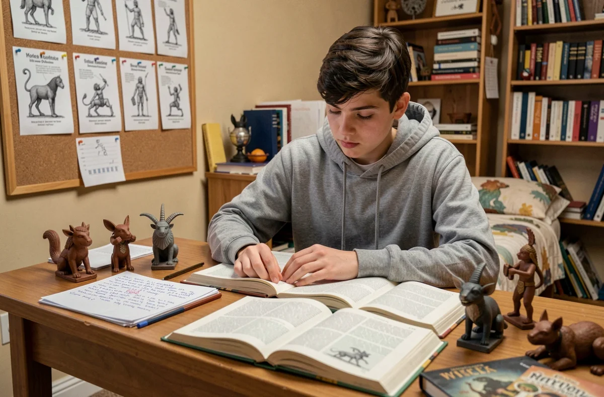 Adolescent étudiant la mythologie grecque avec des notes manuscrites et des figurines antiques sur un bureau en bois
