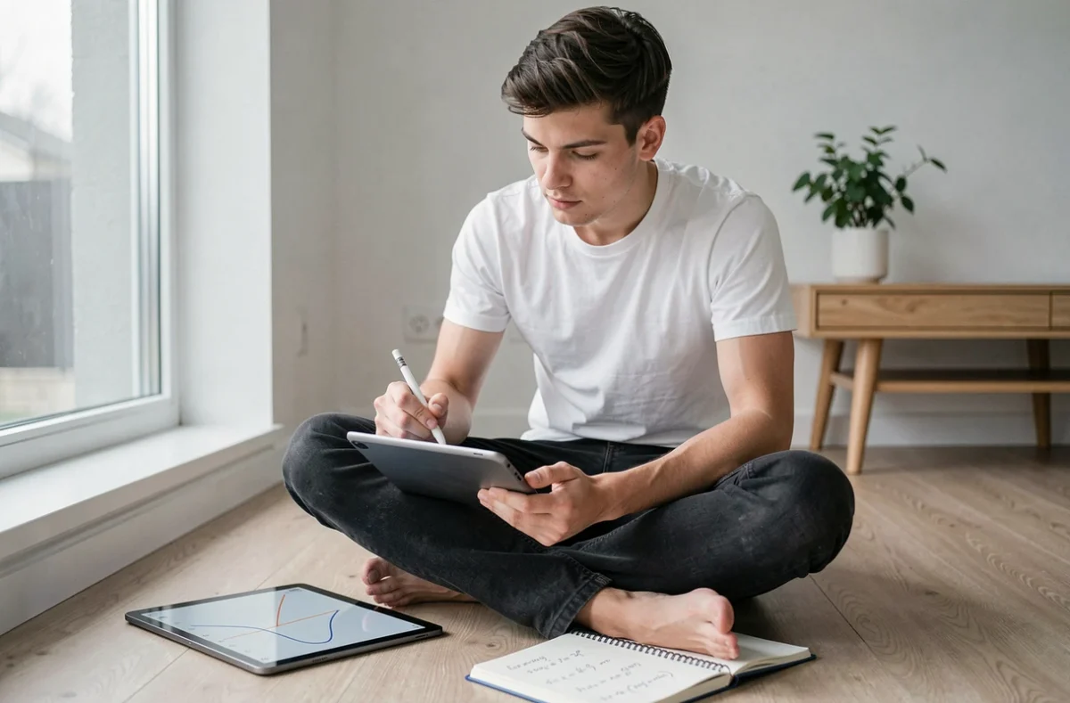 Jeune étudiant révisant l'équation réduite de la tangente sur tablette numérique avec cahier de mathématiques ouvert à côté