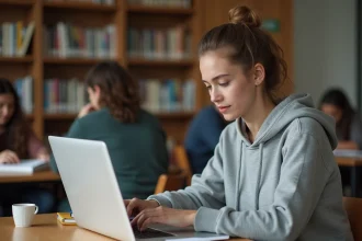 Étudiante utilisant une application d'avis sur son ordinateur portable dans une bibliothèque universitaire