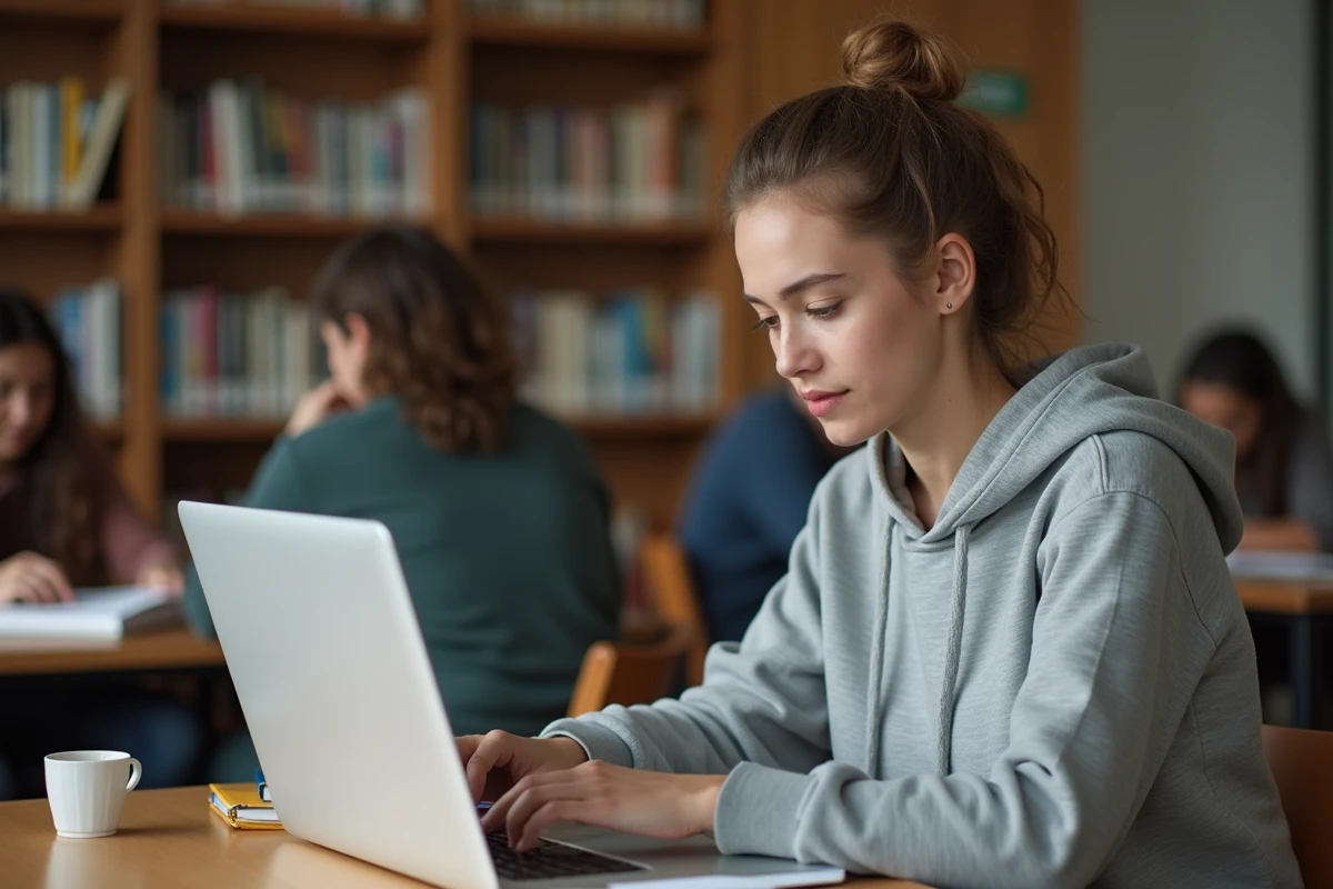 Étudiante utilisant une application d'avis sur son ordinateur portable dans une bibliothèque universitaire