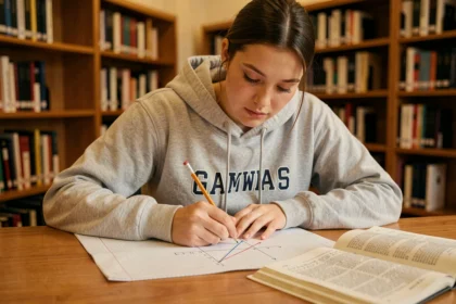 Étudiante en mathématiques traçant une tangente sur papier millimétré avec une équation réduite, bibliothèque universitaire en arrière-plan