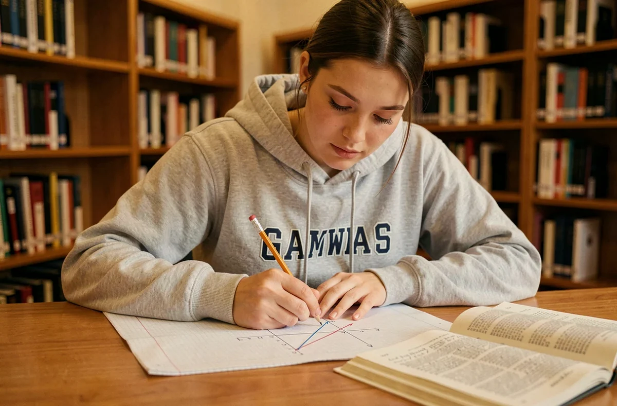 Étudiante en mathématiques traçant une tangente sur papier millimétré avec une équation réduite, bibliothèque universitaire en arrière-plan