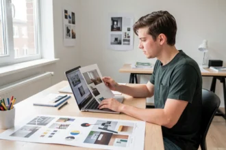 Étudiante qui examine son portfolio de design sur un bureau d'atelier