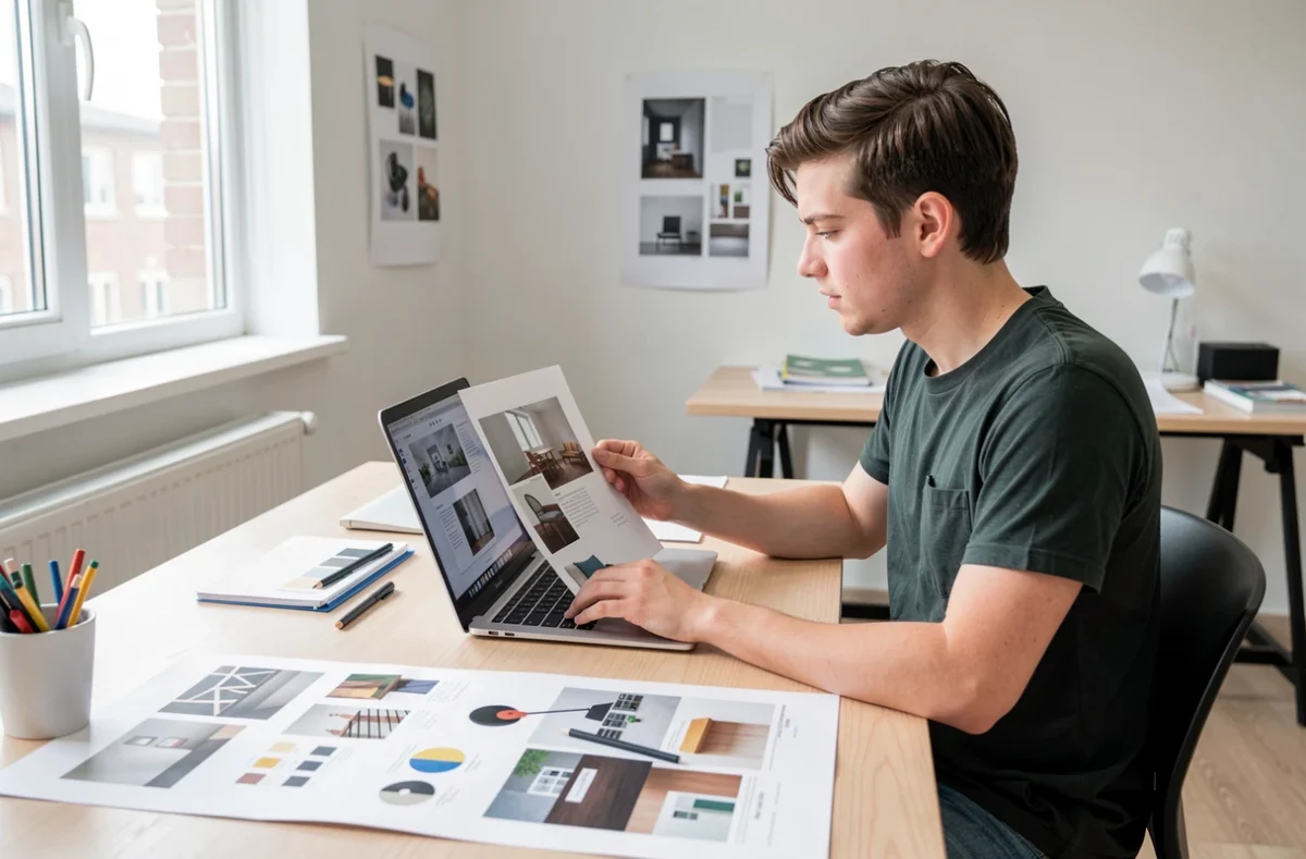 Étudiante qui examine son portfolio de design sur un bureau d'atelier