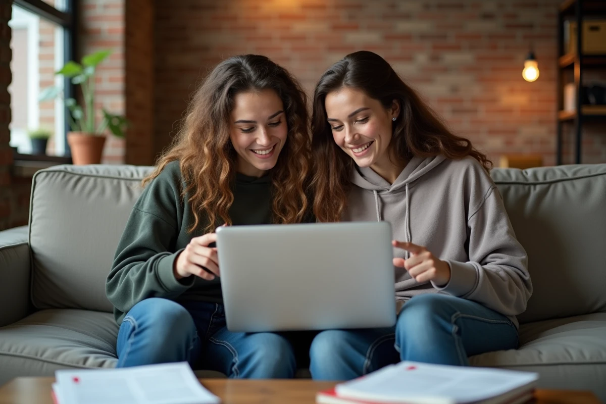 Deux jeunes femmes étudiantes perplexes devant un ordinateur portable consultant des scans de manga, dans un appartement étudiant