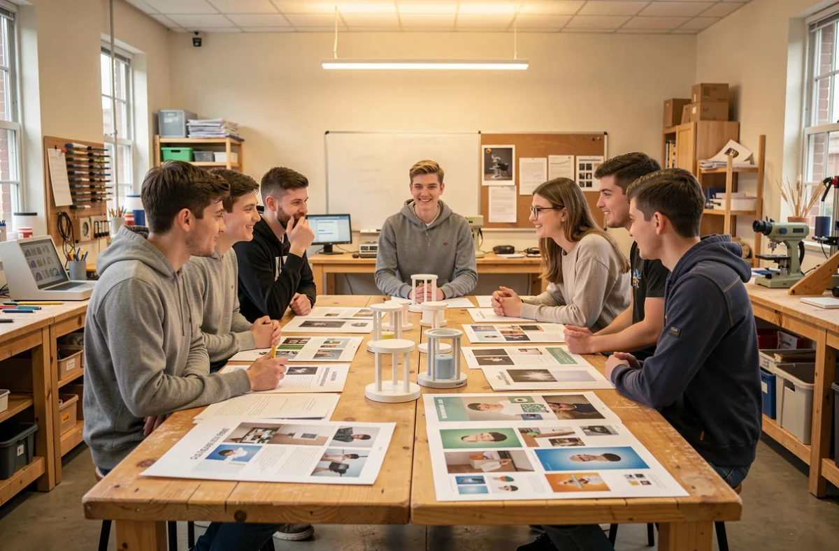 Étudiants en design discutant autour de maquettes dans un atelier d'école