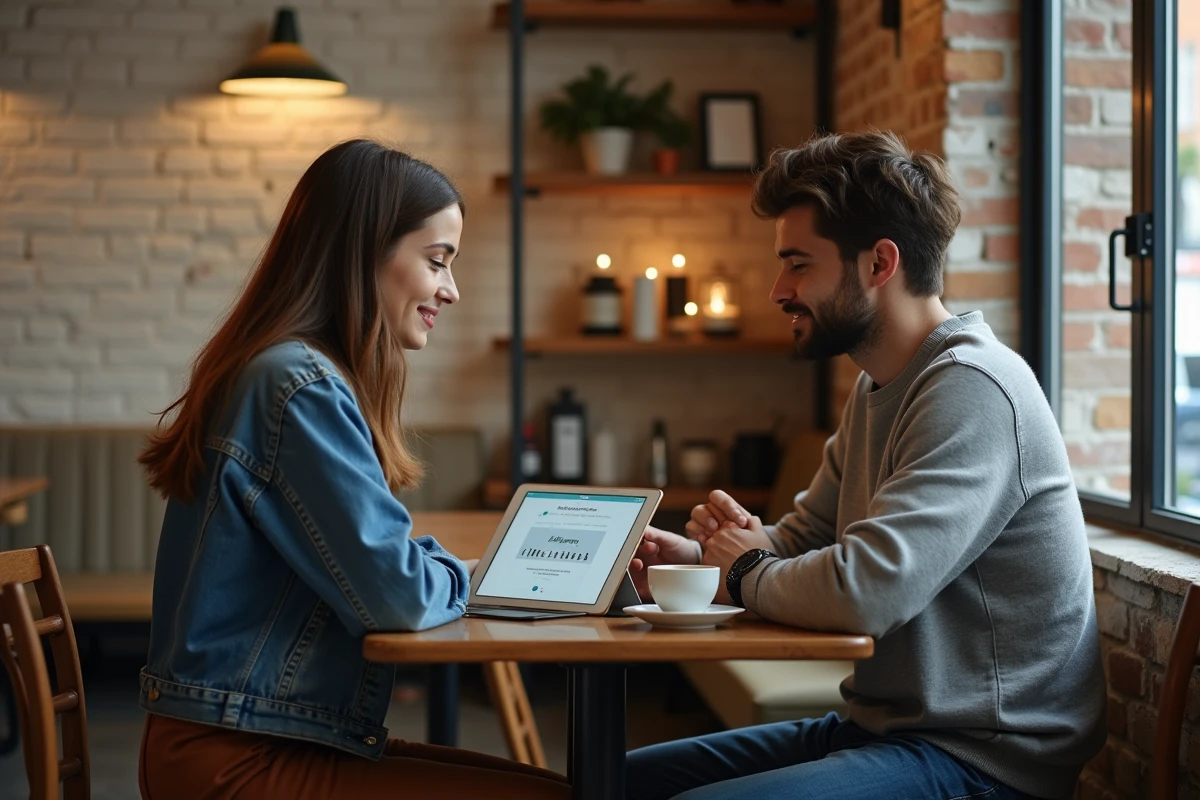 Deux étudiants consultant une plateforme d'avis ensemble dans un café