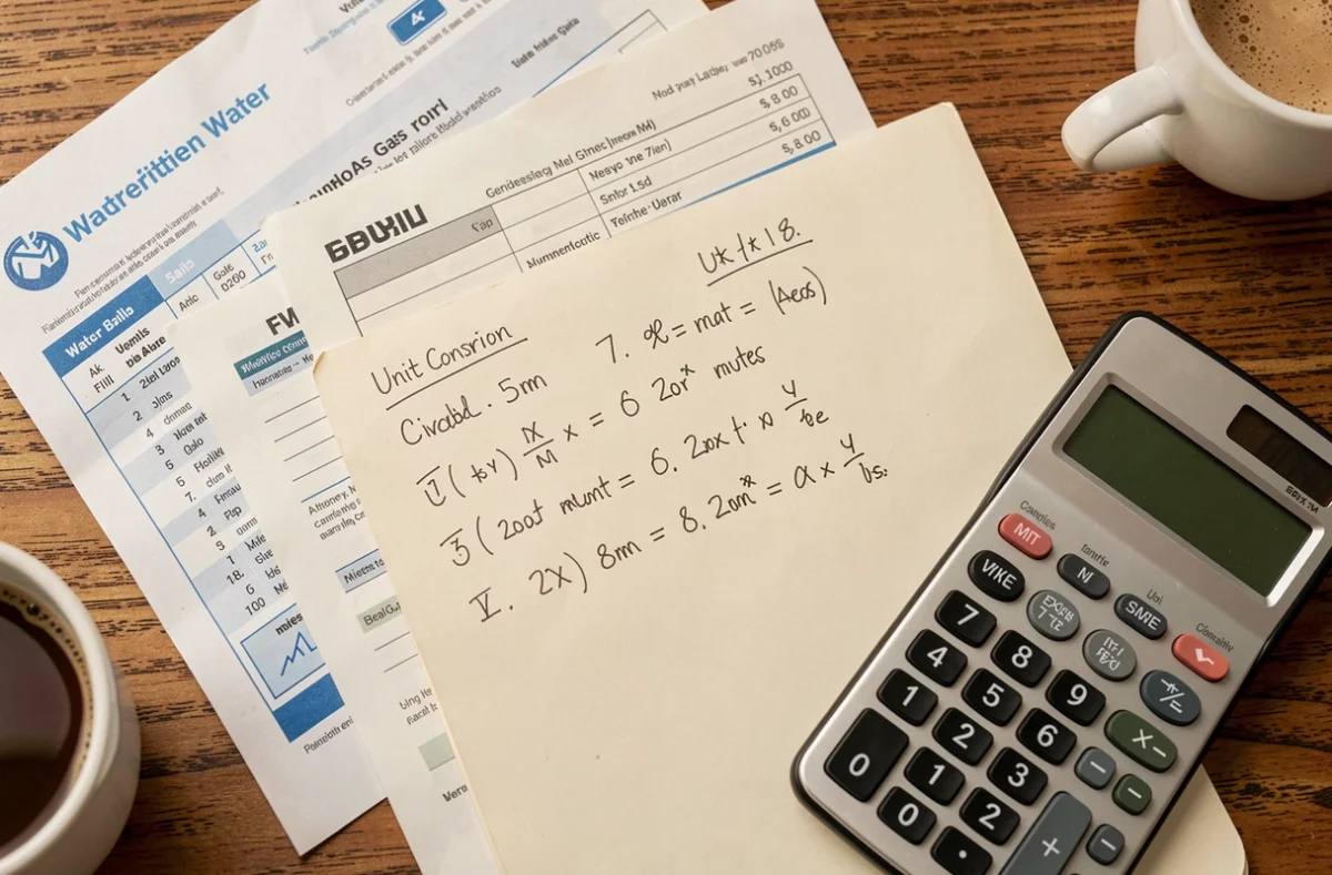 Factures d'eau et de gaz avec calculs de conversion mètres cube en litres sur un bureau en bois