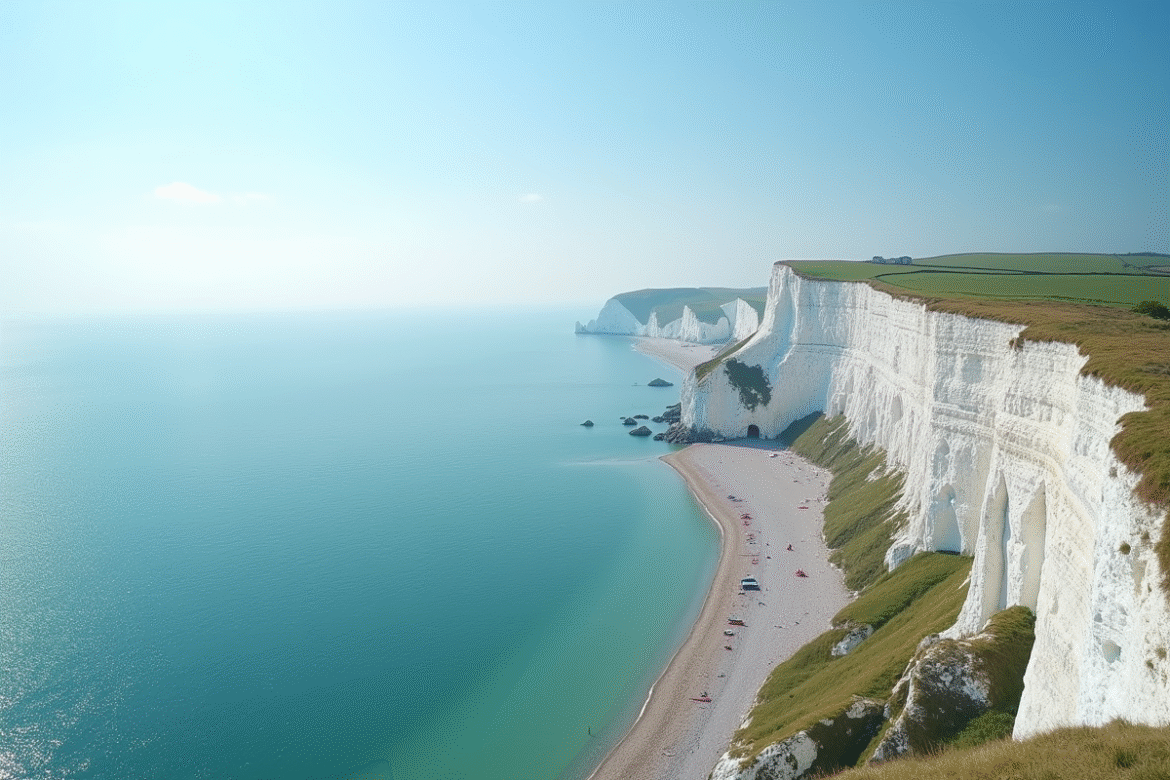 Les falaises blanches de Dover vues d'en haut en journée ensoleillée