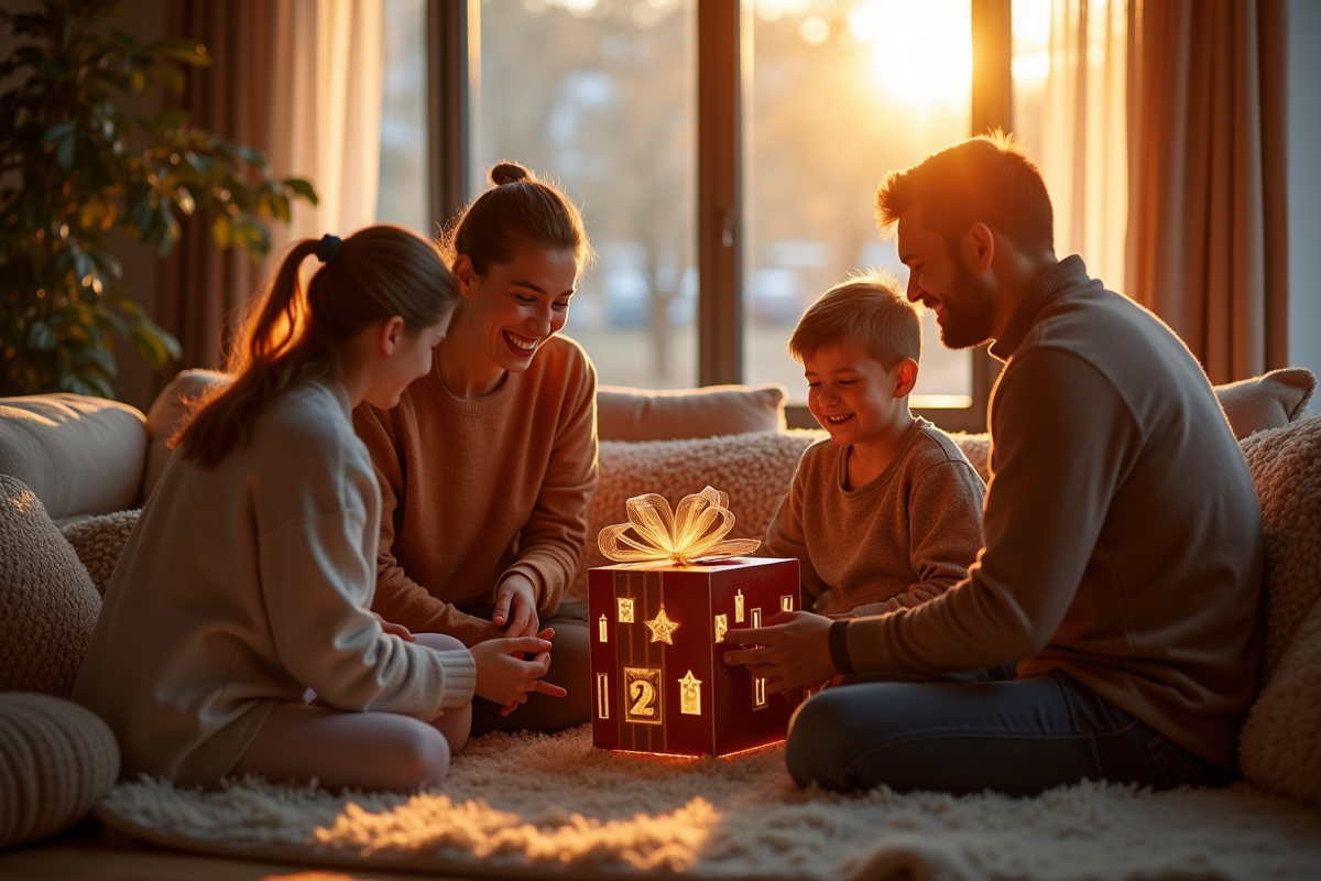 Famille échangeant un calendrier de l