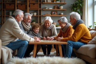 Famille multigenerations jouant à un jeu de société dans un salon chaleureux
