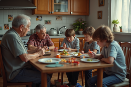 Famille multigenerations autour d'une table de cuisine en tension