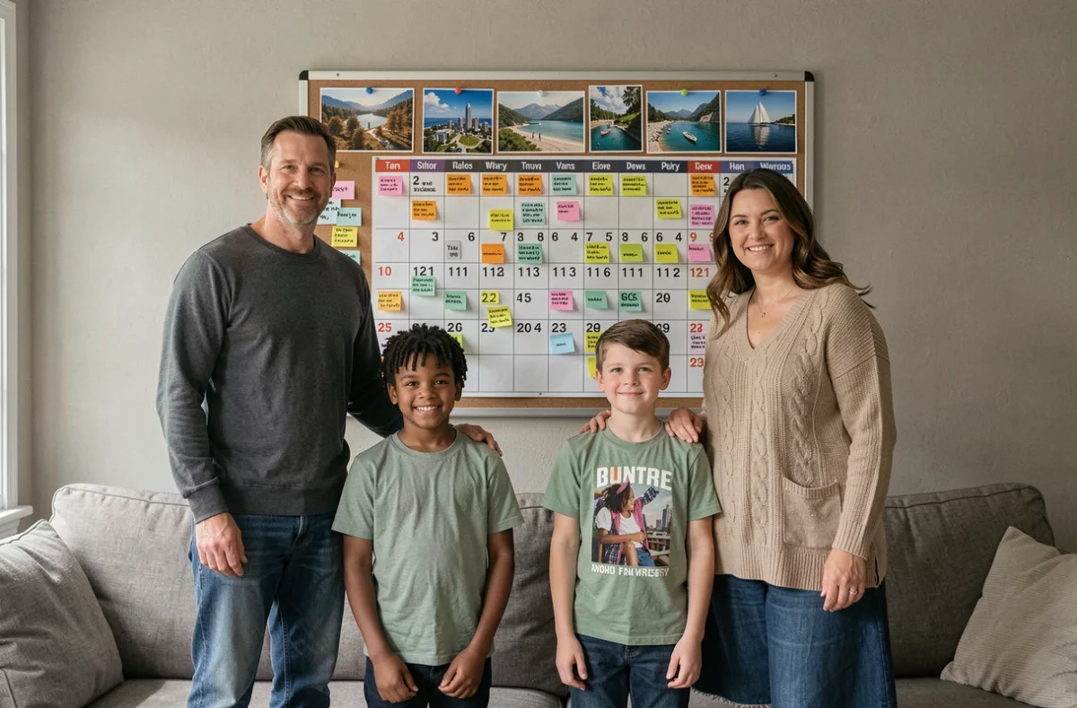 Famille avec enfants d'âge scolaire organisant leurs vacances des semaines paires devant un tableau de planification avec calendrier scolaire et destinations
