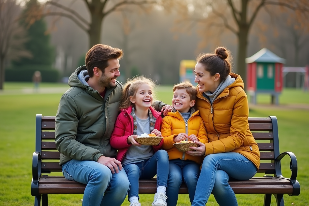 Famille partageant un pique-nique dans un parc ensoleille