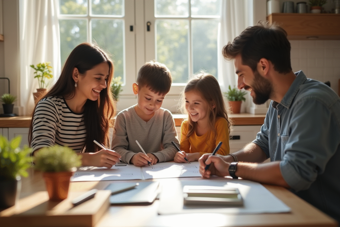 Famille heureuse planifiant la semaine avec un agenda coloré