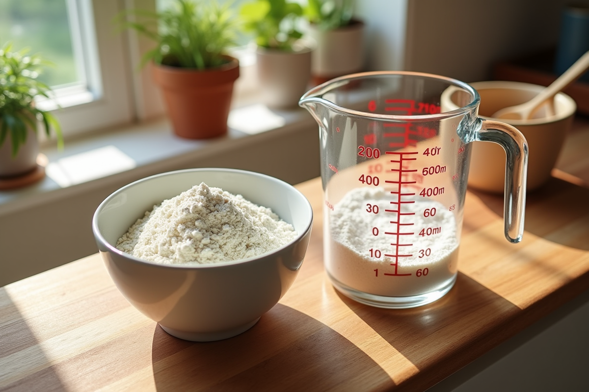 Farine dans un bol et un jug de 300 ml sur planche en bois