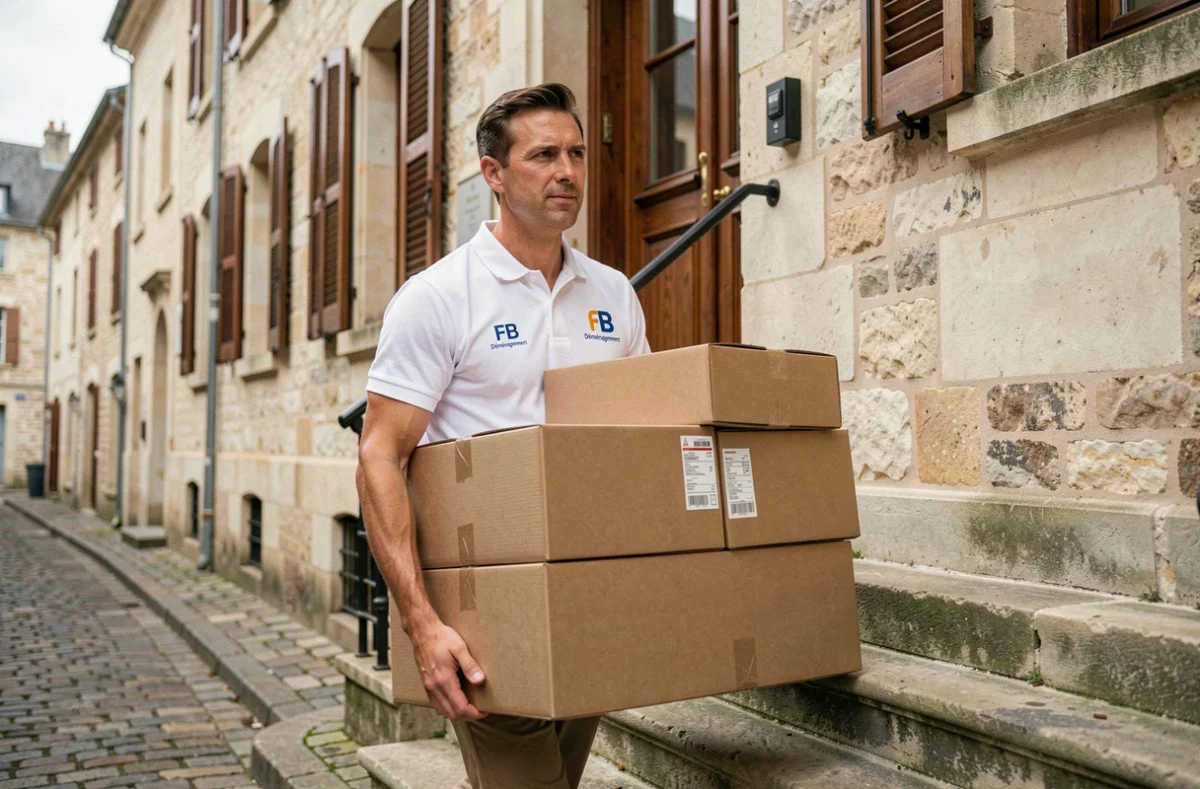 Déménageur FB Déménagement portant des cartons devant une maison en pierre typique du Jura